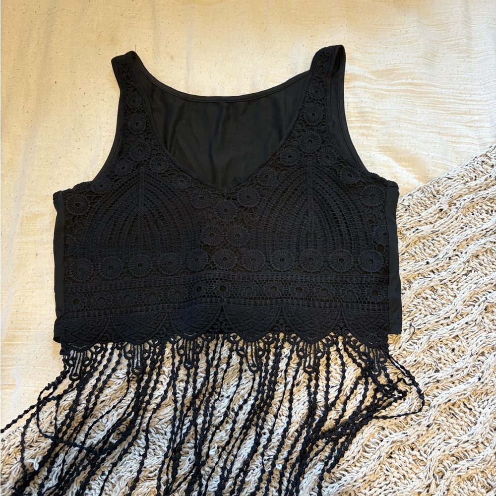 Black Crochet Fringe Tank Top